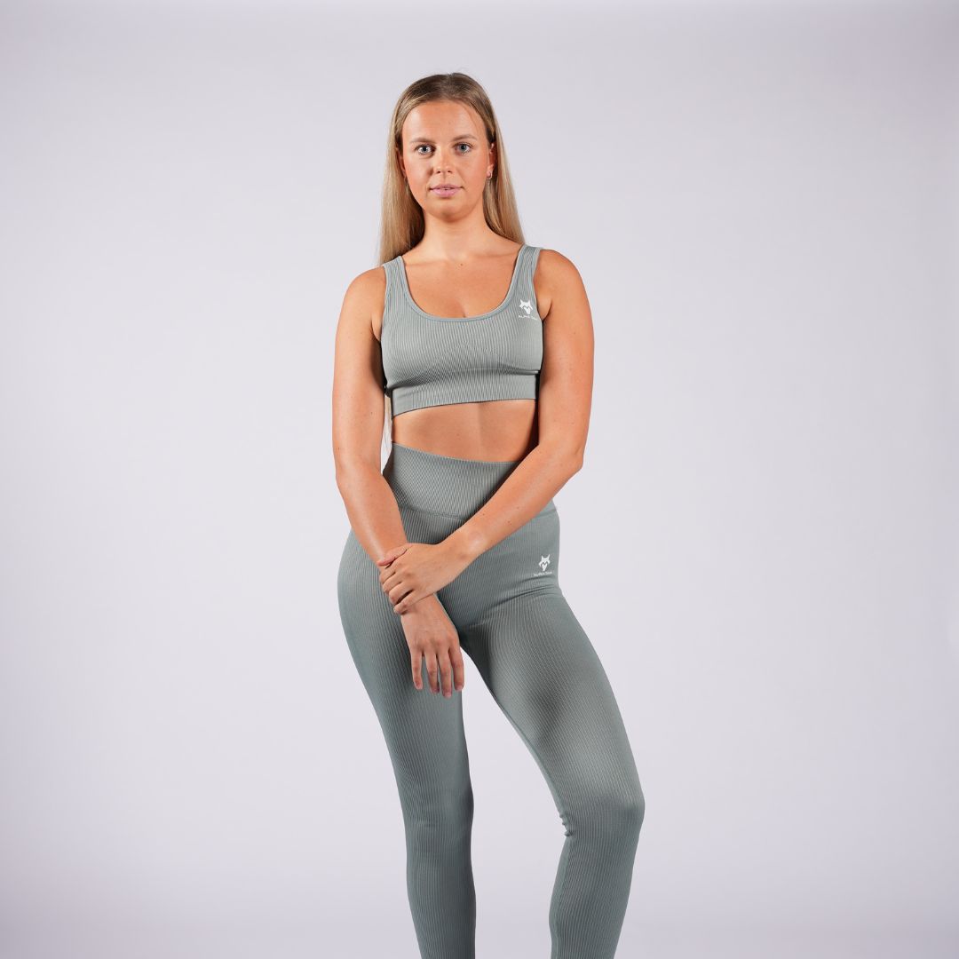 Green Ribbed Seam Front Leggings, Two Piece Sets